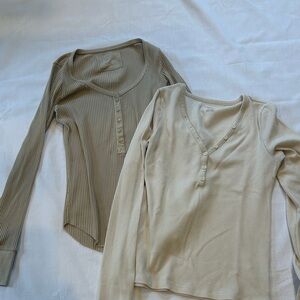 American Eagle Outfitters Ribbed Henley Tops in Taupe and Cream